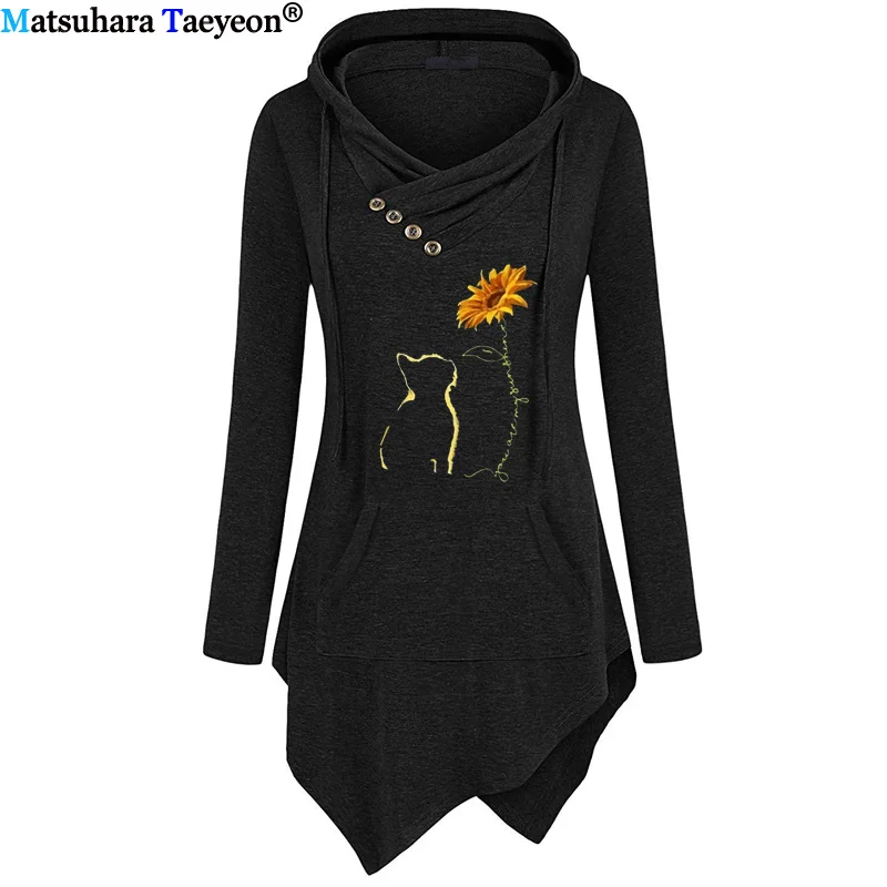 

Funny sunflower Hoodies Women Autumn Tops Loose Cat Printed Causal Long Sleeve Hoodie Chemise Femme Tops clothes