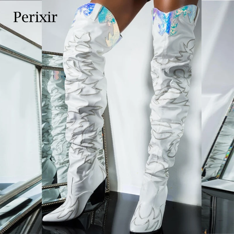 Женские сапоги выше колена Perixir в западном стиле с вышивкой и острым носком