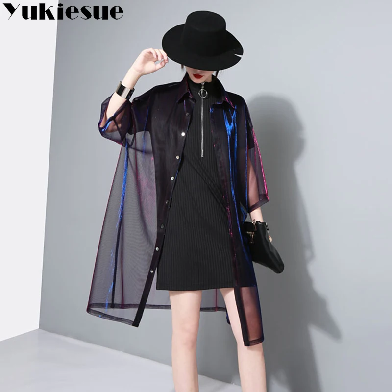 Женское прозрачное пальто с отложным воротником Длинная ветровка рукавом три