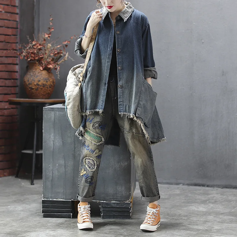 Уличная одежда для девочек джинсовые пальто с необработанными краями большие