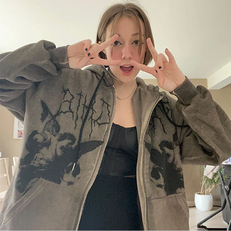 

Y2K Gothic Sweatshirt Oversized Hoodie Women Winter Zip Up Long Sleeve Coat Top Female 90S Vintage E-Harajuku Grunge Jacket 2022