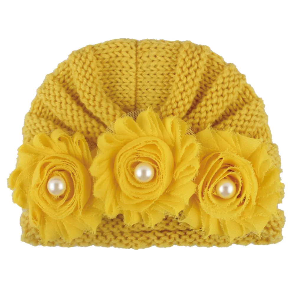 Yellow 12 цветов, зимняя детская шапка для девочек с жемчугом и подсолнухом, Шапочка-тюрбан для новорожденных, шапки с цветами для маленьких девочек, аксессуары - Color: Yellow