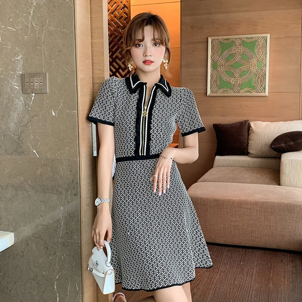 Lady One Piece Knitted Dress Short Socialite High End French Sleeve Slim Vintage Robe Vestido Spring Summer New