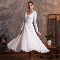 elegant short wedding dress v neck long sleeveless satin bridal gown illusion back with buttons custom made vestidos de novia