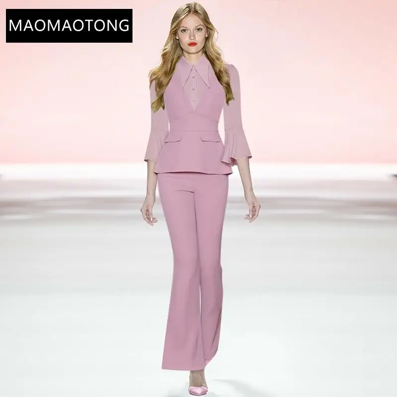 

New 2021 Designer Summer Fashion Solid Two Pieces Pants Set Women's Long Sleeve Slim Tops And Wide Leg Pants Suit