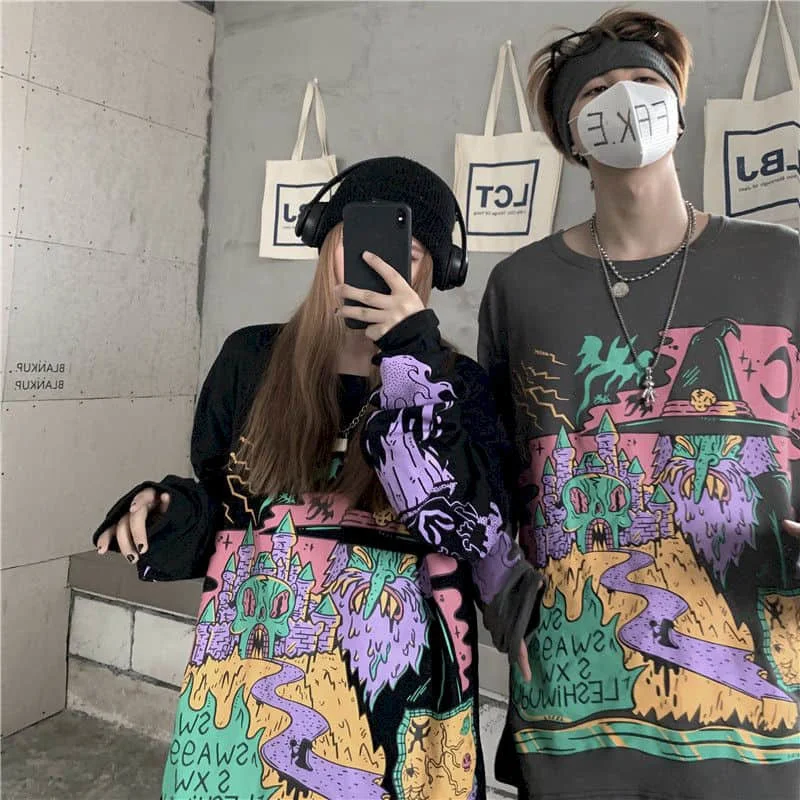 

Футболка женская с длинным рукавом, популярная в Корейском стиле на раннюю осень, черная свободная парная одежда в стиле Харадзюку С граффи...