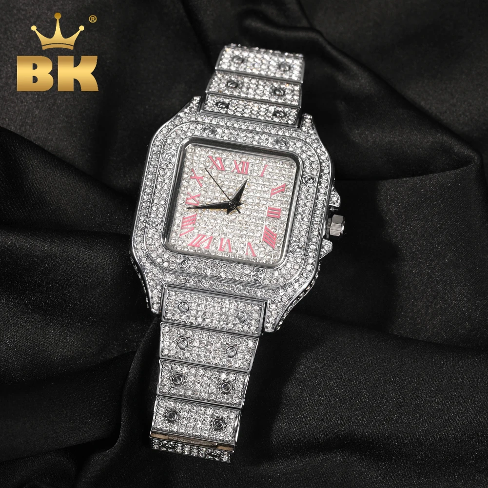 THE BLING KING Iced Out Men Watch Square Diamond Pink Blue Numbers Quartz Luxury Wrist Watches Roman Clock Relogio Masculino