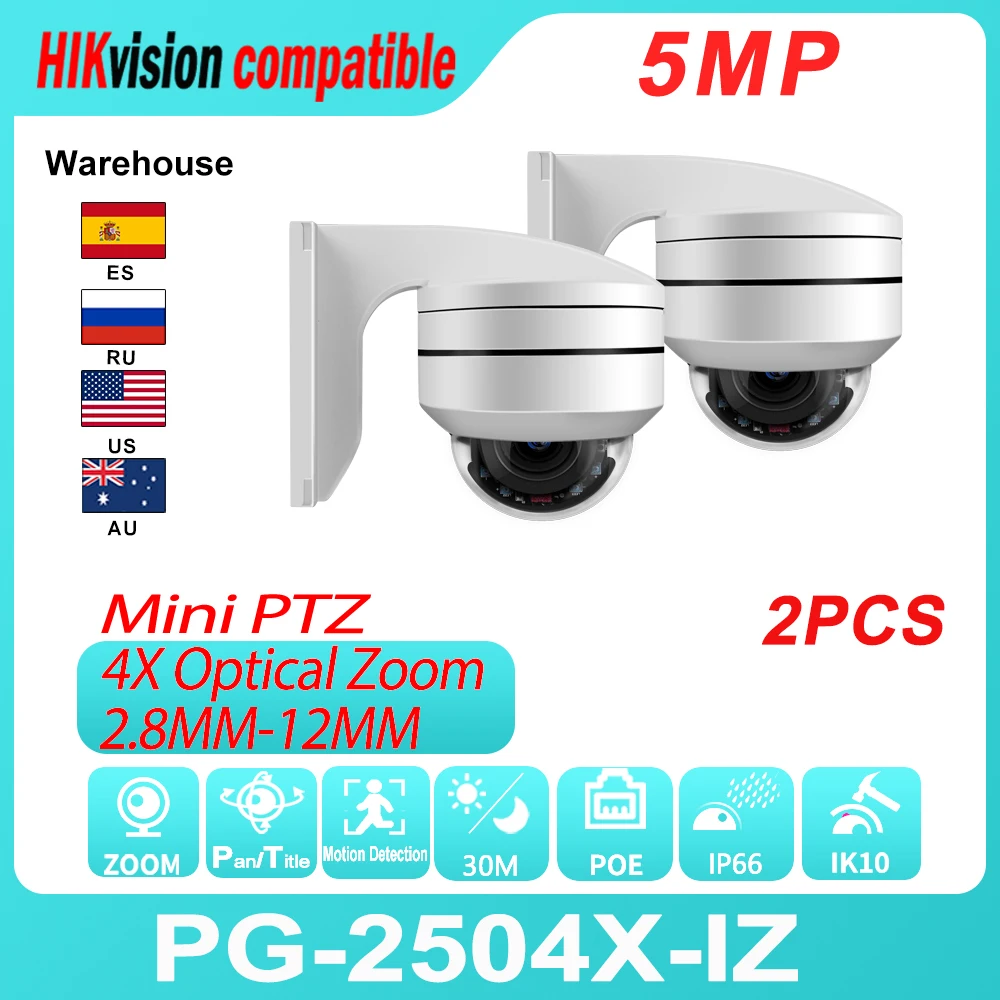 

Hikvision Compatible PTZ IP Camera 2pcs 5MP IR 30M POE 4X Optical Zoom Mini Dome IP67 IK10 Motion Detection With Wall Bracket