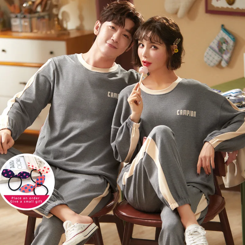 

Осенне-зимняя Пижама для пары, простая серая хлопковая комбинированная Пижама с круглым вырезом и длинным рукавом, женская одежда для сна, с...