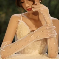 simple wedding dress bride long gloves semi sheer fingerless ultra thin pearl lace chiffon gloves sexy sheer tulle gloves