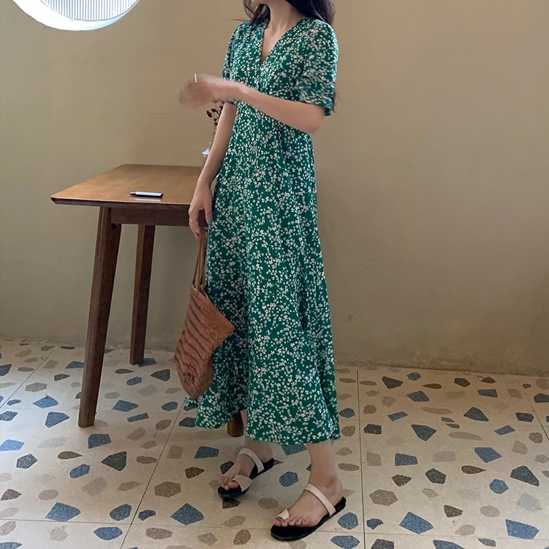 

Sexy V-neck Boho Beach Sundress 2021 Print Chic French Long Dress Party Summer Vintage Casual Female Dresses Women Dress