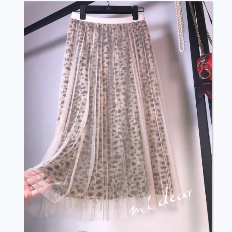 Женская плиссированная юбка с леопардовым принтом длинная сетчатая высокой