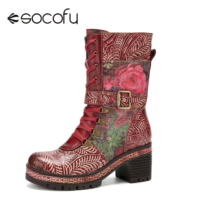 

Socofy Retro Floral Print Leather Side-zip Comfy Warm Lining Chunky Heel Mid Calf Boots Women Ladies Winter&Autumn Short Boot