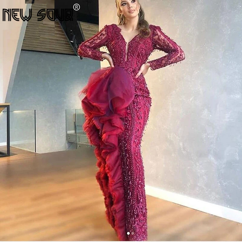 

Amazing Full Sleeves Beaded Evening Dresses Mermaid Illusion Party Gown Vestidos Custom Dubai Wedding Prom Dress Saudi Arabia