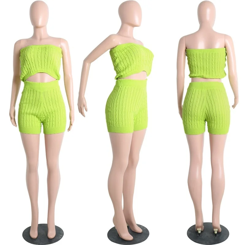 

Candy Color Sexy Two Piece Set Women Sexy Knitted Outfits Autumn Winter Solid Tube Crop Top + Mini Short 2 Pieces Sweater Sets