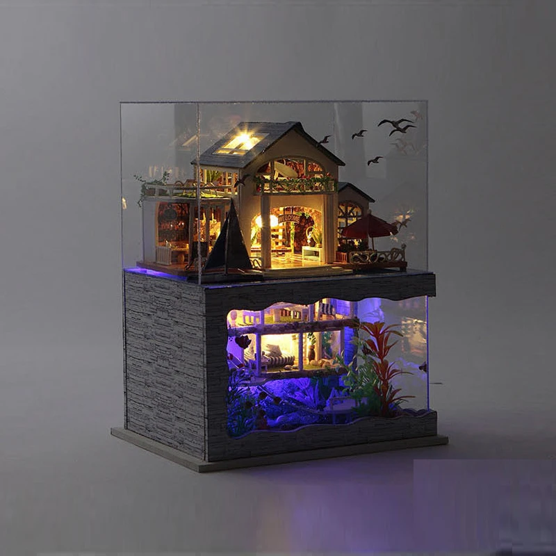 

Big Dollhouse Furniture Mini Building Kit DIY Dollhouse Kit Room Box Villa Seaview Room Wooden House Toy for Children Adult Gift