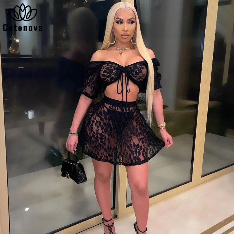 

Cutenove Sexy Party Club Women's Suit Summer 2021 Hollow Out Lace-Up Crop Top Skirts 2 Piece Set Vetement Femme Outfits