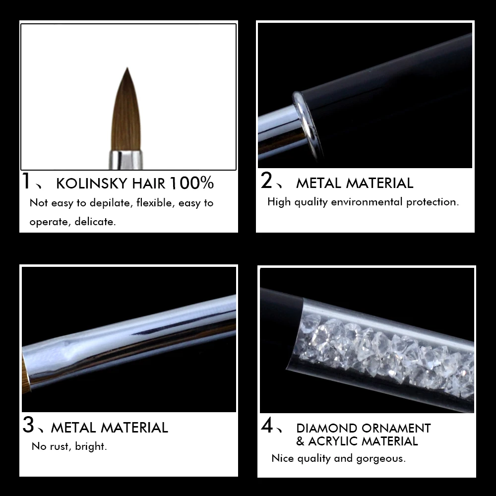 High Quality Kolinsky Sable Acrylic Nail Brush Size 6 8 10 12 Crystal Rhinestone Handle Salon Manicure Tools For Nail Art