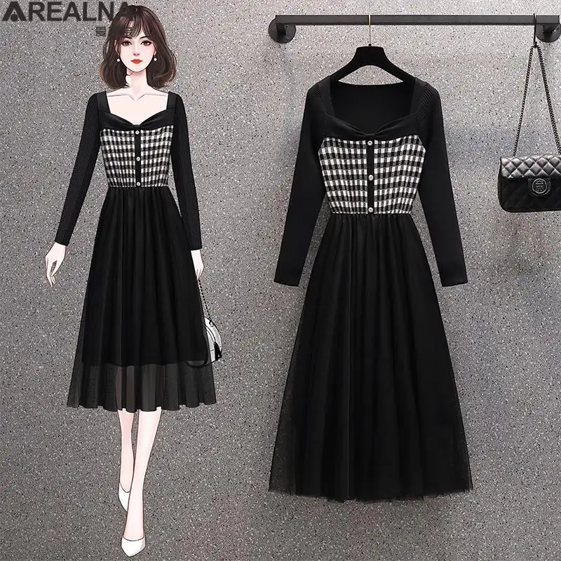 

Женское Сетчатое вязаное клетчатое платье, элегантное модное свободное черное платье большого размера с квадратным вырезом, осень 2022