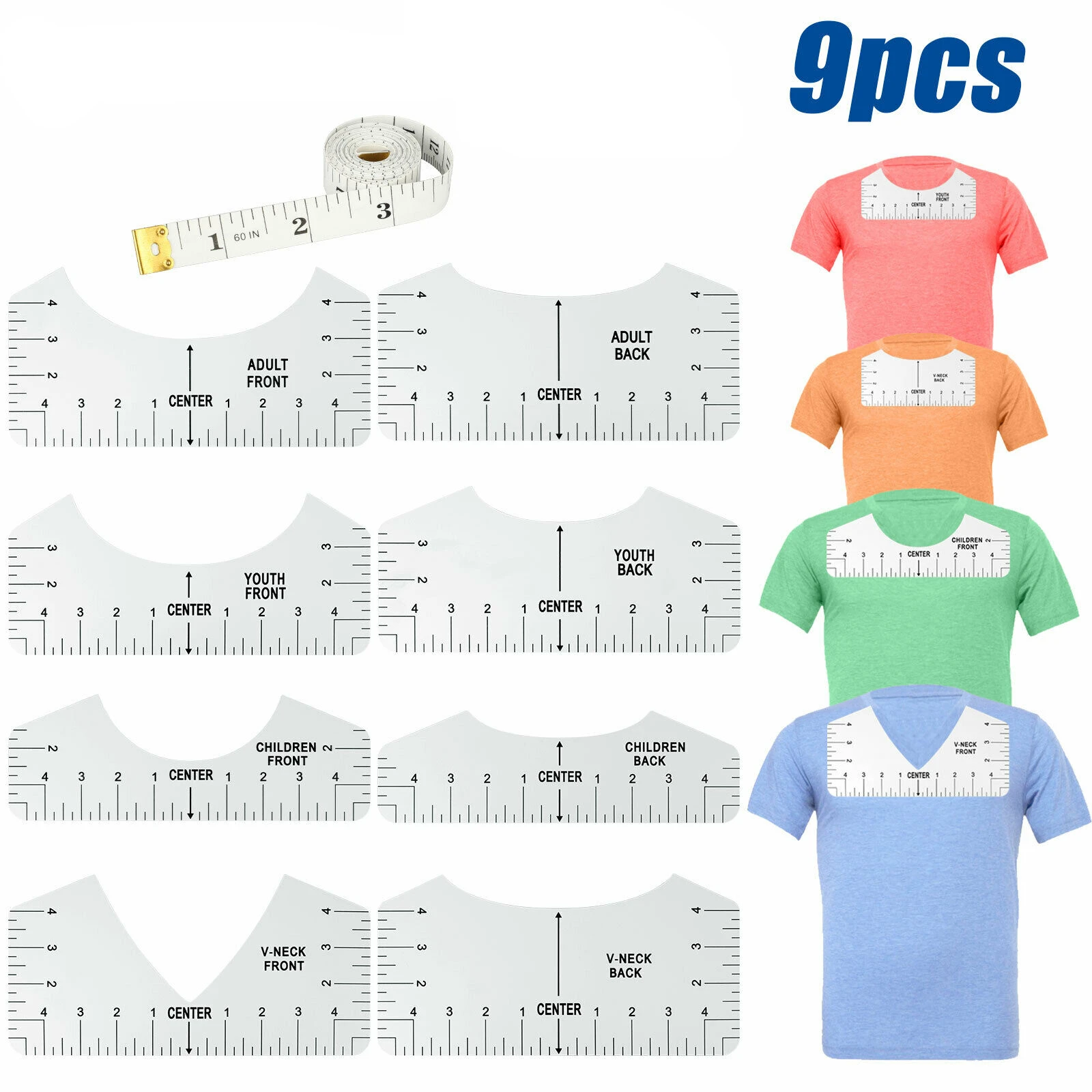 

Линейка 9 шт./компл., измеритель футболки, Круглый шейный инструмент для калибровки с V-образным вырезом, линейка для шитья, инструмент для це...