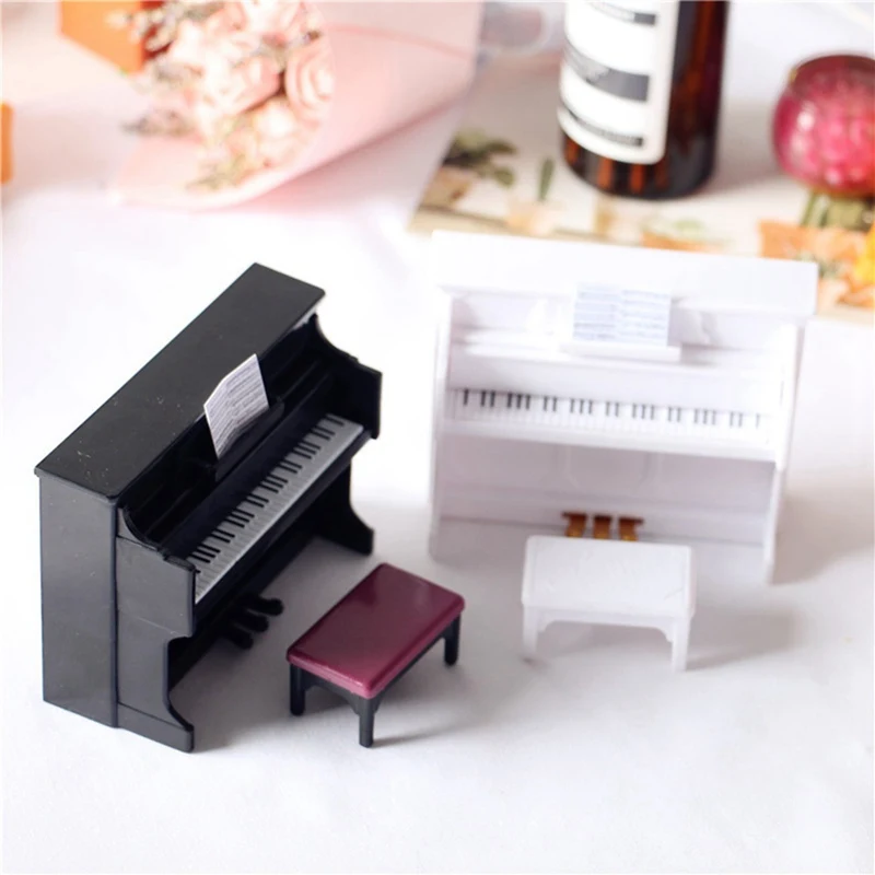 3Pcs Miniature Piano Set 1/12 Dollhouse Mini Plastic with Stool Score Instrument Model for House Decor White/Black |