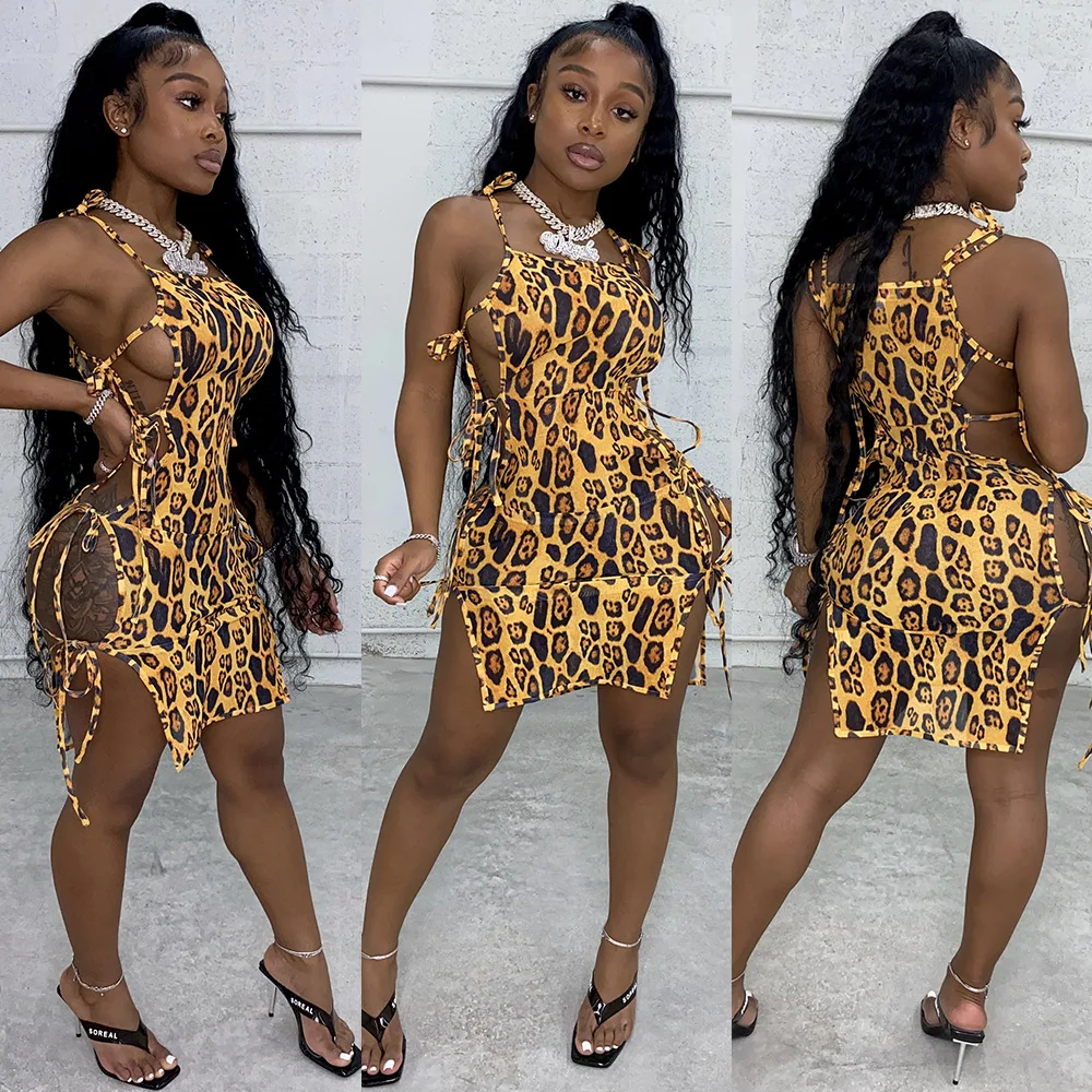 Платье-мини женское с леопардовым принтом на шнуровке без рукавов | Женская