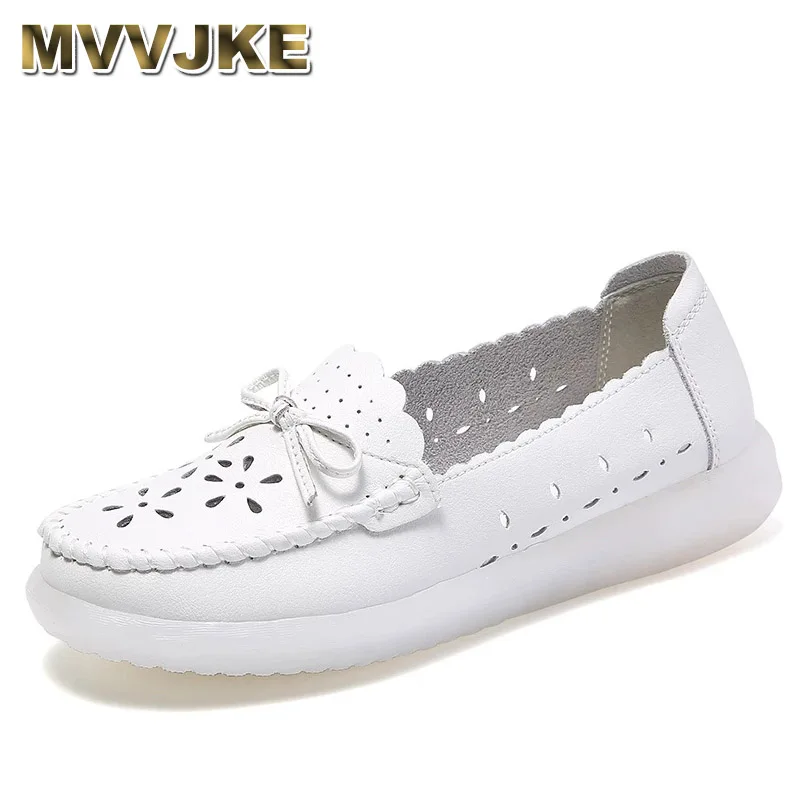 

MVVJKE Women Genuine Leather Shoes Casual Slip-on Ballet Women Flats Cut Out Floral Printing Moccasins Nurse Shoes Ladies Shoes