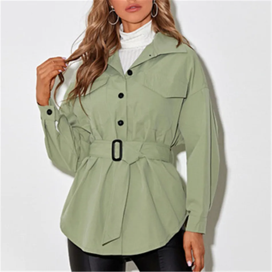 

Fashion Women's autumn Coat Army Green Solid Turn-down Collar Jackets for Women 2021 Quilted Trench Coats in Strict Style