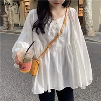 blouse womens bow criss cross full puff sleeve 2020 new loose plus size chic o neck soft preppy style pullover korean new trendy