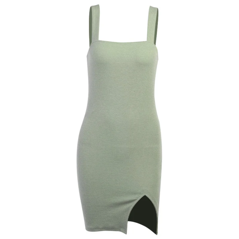 

Sexy Split Mini Bodycon New Knitted Spaghetti Strap Dress Black Sleeveless Party Skinny Elastic Solid Summer Dress Vestidos 2021