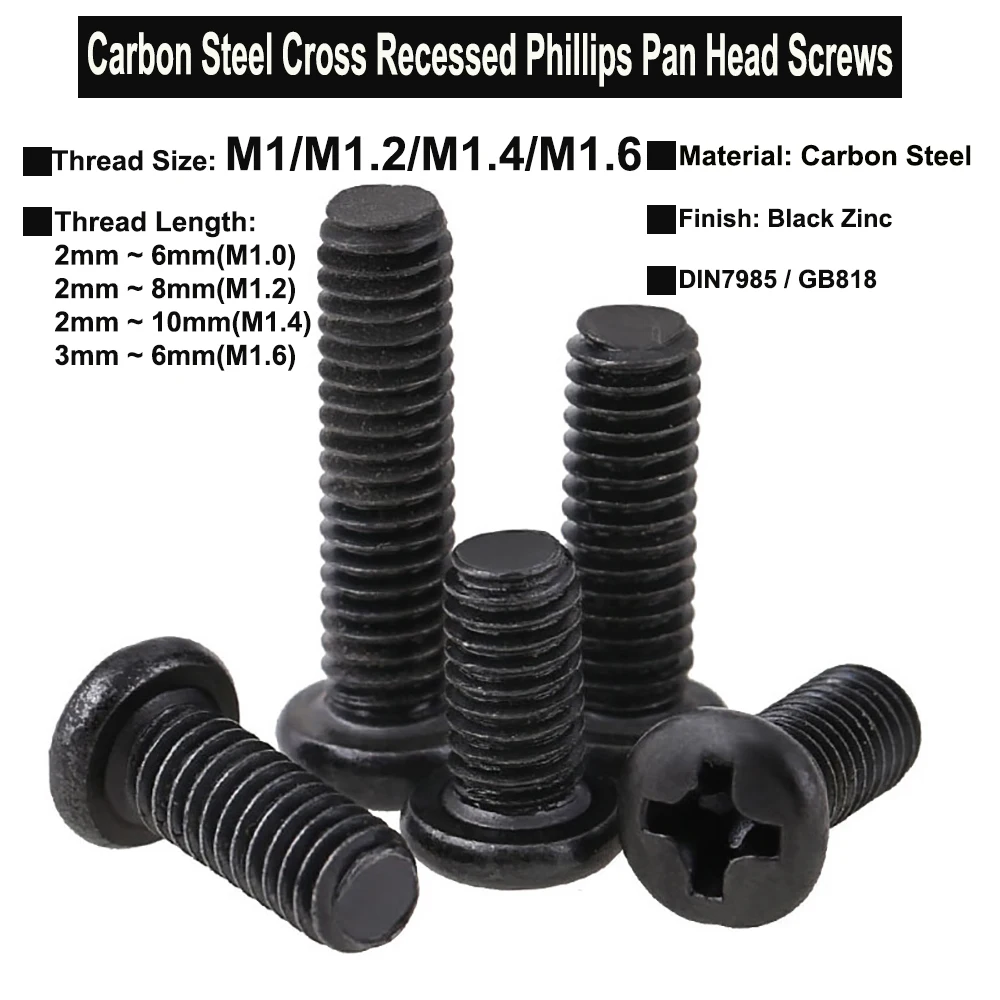 

100Pcs M1 M1.2 M1.4 M1.6 Carbon Steel Cross Recessed Pan Head Phillips Screws Black Zinc Plated Electronic Tiny Screw DIN7985