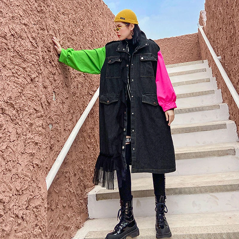 Черный/синий лоскутный джинсовый Тренч большого размера женский новый уличная