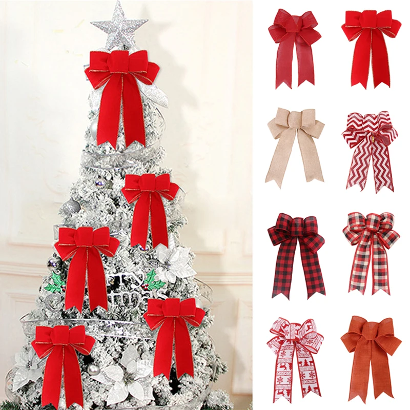 

24*19cm 5ears DIY Bow Bowknot Crafts Linen Ribbon Bow Christmas Decoration Christmas Tree Decor Lattice Stripe Bow