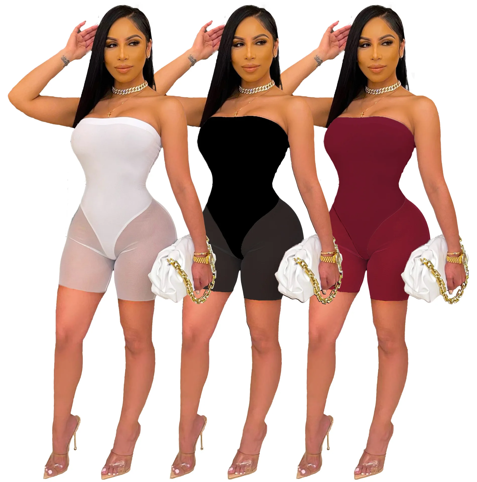 

HAOOHU Sexy Mesh Sheer Bodycon Playsuit Summer Clothes for Women Off Shoulder Skinny Overall One Piece Night Club Party Outfits