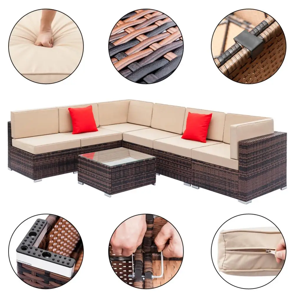 7 IN 1 Rattan Corner Sofa Set Garden Middle Outdoor Patio Furniture with Tea Table Kit USA Warehosue Fast Shipping | Мебель