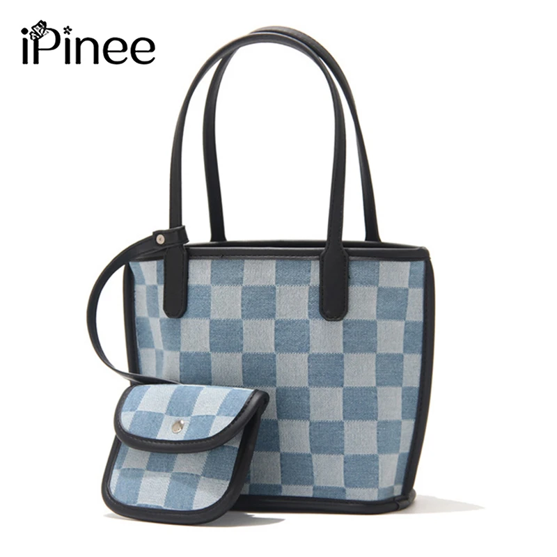 

iPinee Denim Hanbags Women's Luxury Grid Big/Small Fashion Crossbody Bags for Women Female Totes Bag