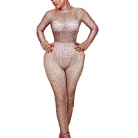 shining studded long sleeve women jumpsuits drag queen outfit stretch mesh perspective bodysuits one piece dance stage wear