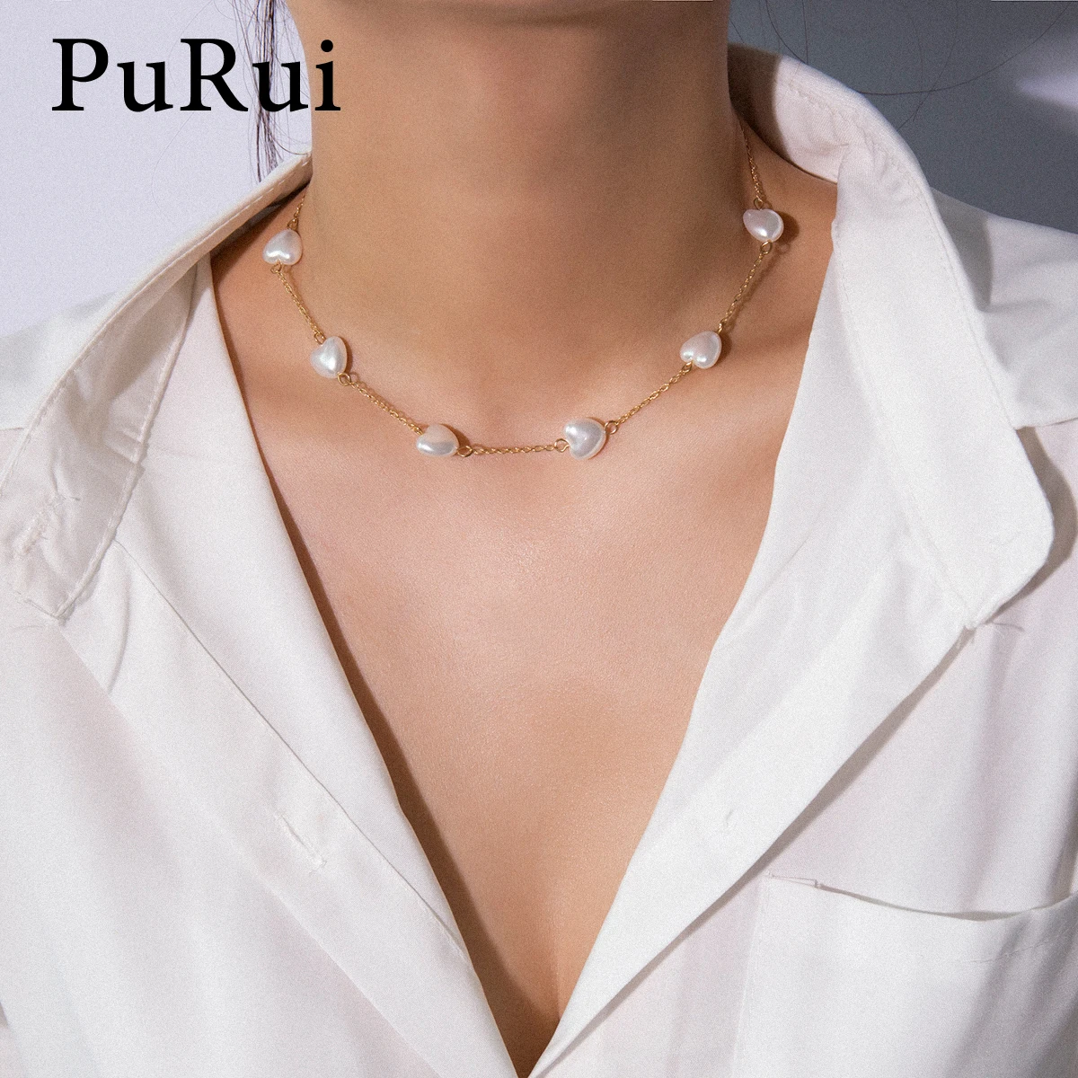 

PuRui Heart Shape Imitation Pearl Choker Necklace Women Short Chain Necklace Collar Sweet Girl Fashion New Jewelry Wedding Party
