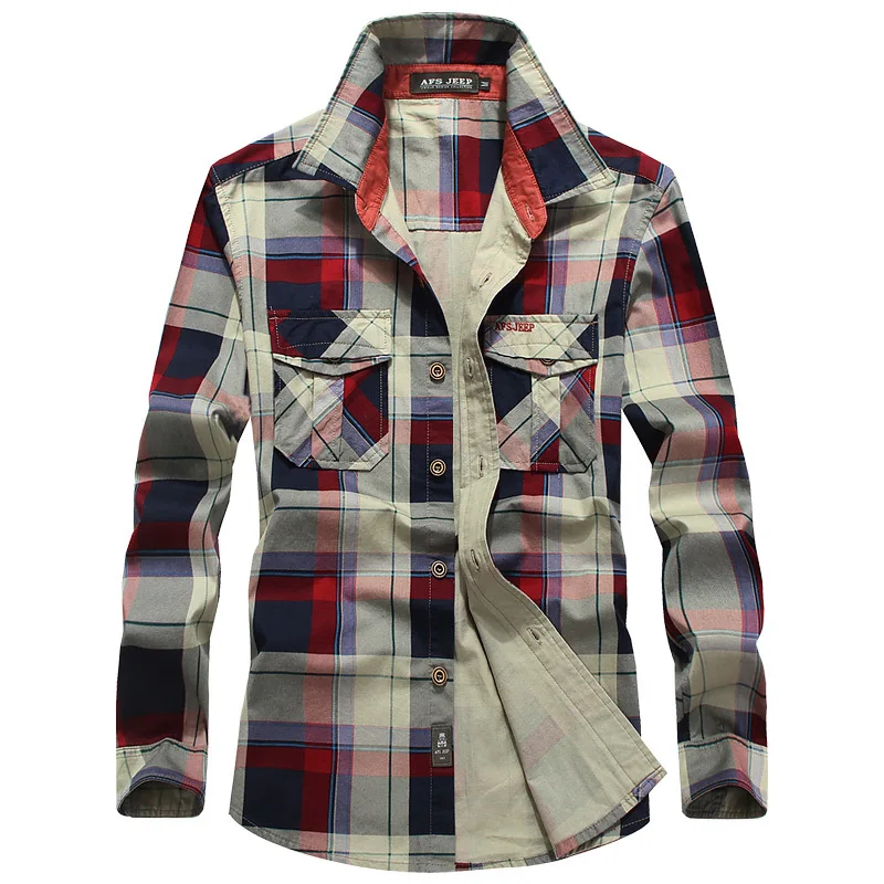 Мужская Повседневная рубашка в клетку свободная хлопковая стиле милитари с