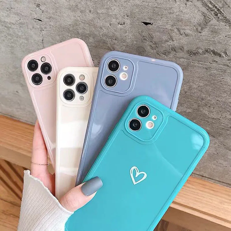Candy Colors Love Heart Phone Case For iPhone 11 Pro Max 7 8 Plus X XR XS Max 12 13 Three-dimensional Square Frame Back Cover