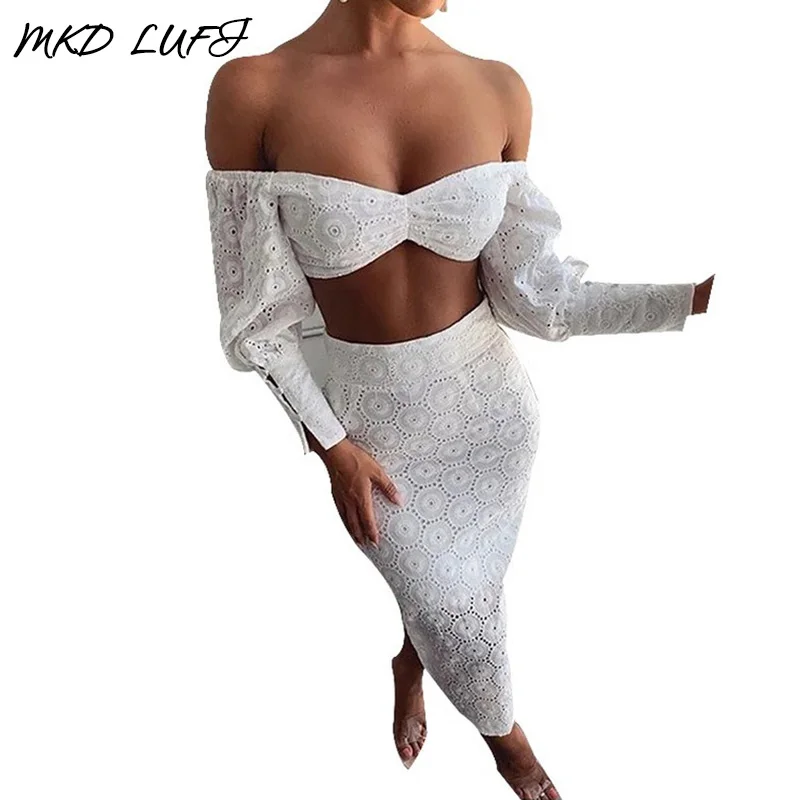 Топ без бретелек с открытыми плечами и белая кружевная длинная юбка комплект из 2