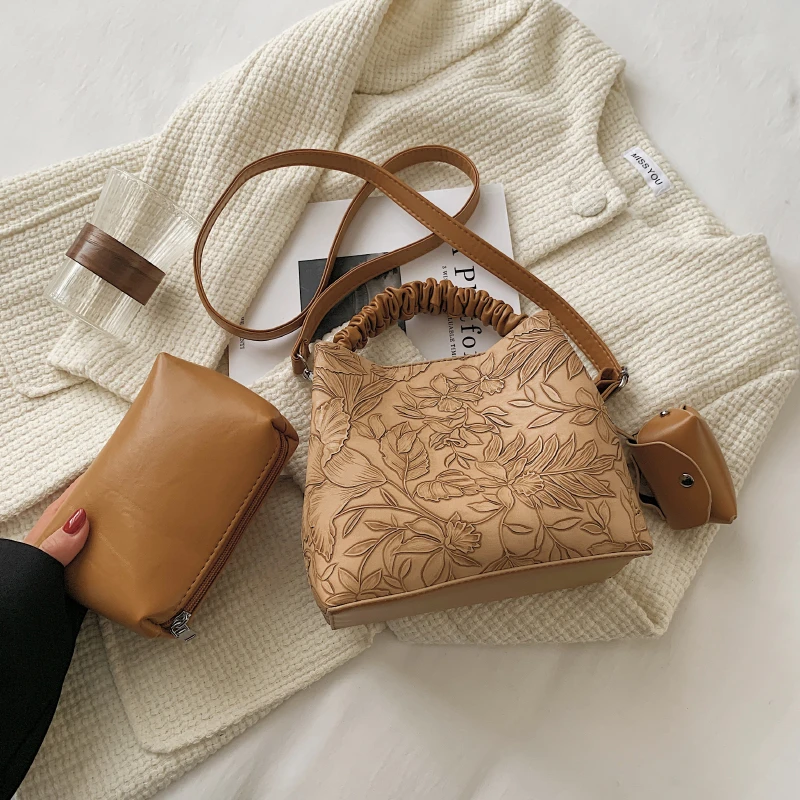 

Flowers Embroidery Bucket Crossbody Bags for Women 2021 High Quality Luxury Handbags Designer Sac Ladies Composite Shoulder Bag