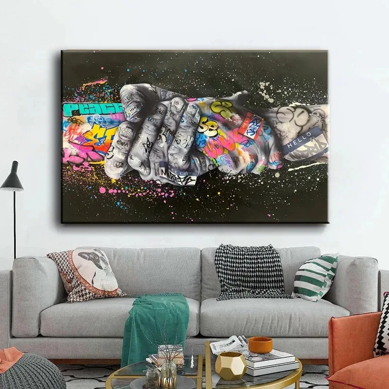 

Modern Impression Drawing Graffiti Art Painting Handshake Gesture Living Room Home Wall Canvas Poster and Paints Decor Photos