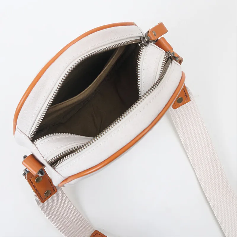 Original Cotton Canvas Circular Crossbody Bag Women's Bags Vintage Casual Cowhide Shoulder Small Round Bag Fashion Travel Purses