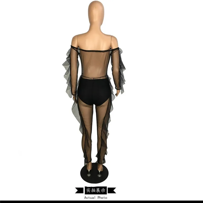 

Adogirl Women Sexy Ruffle Sheer Mesh Jumpsuit Slash Neck Long Sleeve Romper with Panty Lined Women Fashion Night Club Overalls