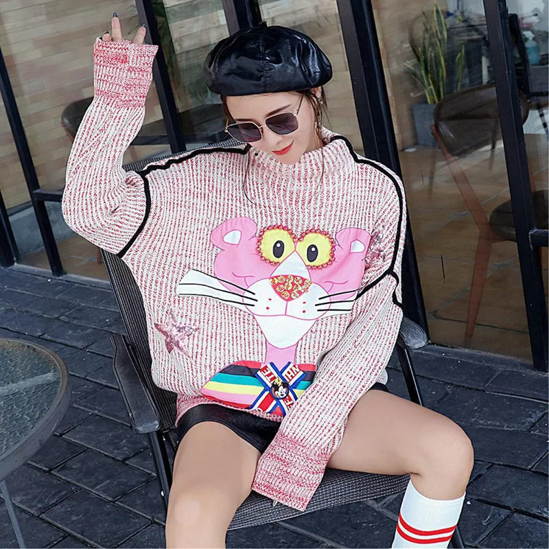 Pink QING MO женский розовый свитер с высоким воротом и пайетками, Женский Повседневный свободный свитер, женский осенний зимний элегантный свитер ZQY1198 - Цвет: Pink