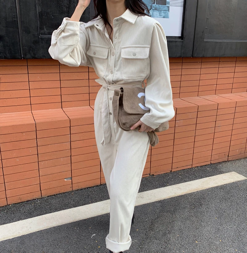 Spring 2021 Corduroy Jumpsuits Romper Women High Fashion Button Female Casual Overalls