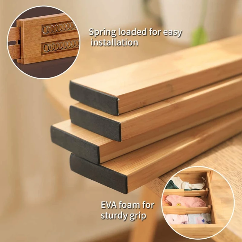 

4 Pack Bamboo Drawer Dividers Organizers, Spring Loaded Adjustable Kitchen Drawer Separators (2.36Inch High)