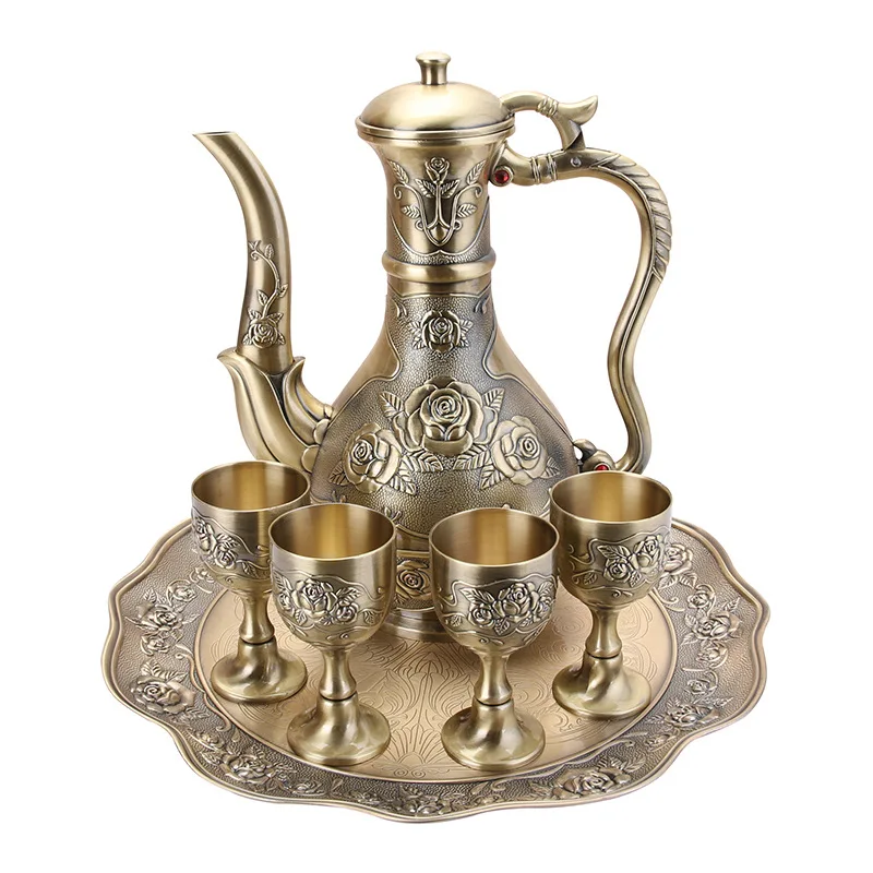 Бронзовый винный набор металлический цинковый сплав 1 = тарелка + горшок 4 чашки