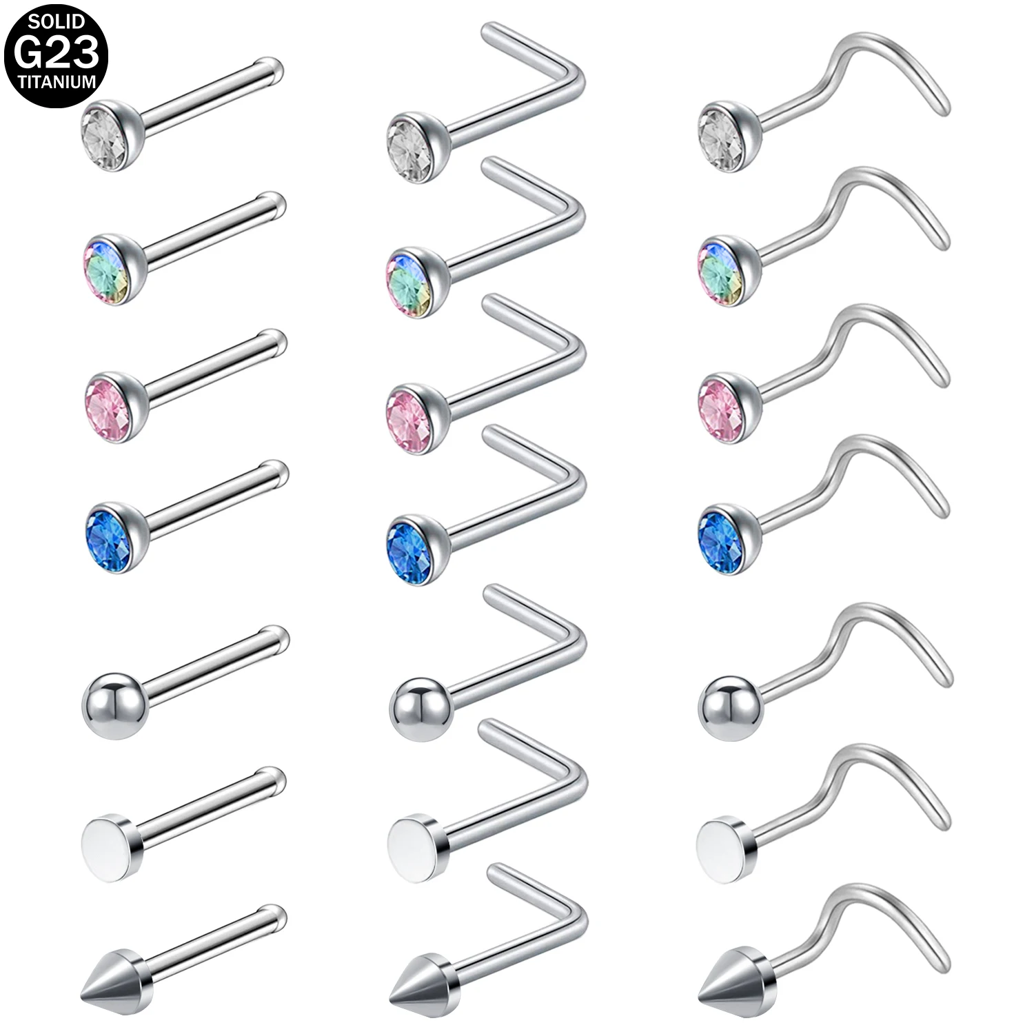 ZS 3-4pcs/lot G23 Titanium Nose Piercing Set 2/3MM Round CZ Crystal Nose Studs 20g Screw Bone L-Shaped Nostril Piercing Jewelry